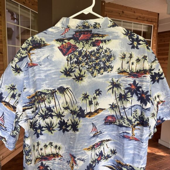 H&M Hawaiian Print Blue Shirt Men M Surfer Luau Bro Vacation White Lotus Cruise - Picture 6 of 6